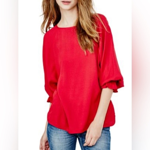 Maje Tops - Maje Women's Lalo Smocked Arm Short‎ Sleeve Blouse Red Medium Preppy Designer